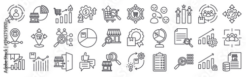 Set of 30 market research thin line vector icons including target audience, feedback, segmentation, business strategy, revenue growth, product sales, data analysis, competitor research