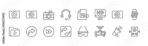 set of 16 thin line multimedia icons including record button, video folder, volume up button, share, camera, skip forward, headphones, repeat, png. editable stroke vector illustration