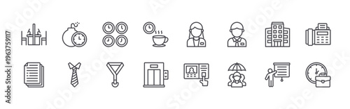 set of 16 thin line office icons including cubicle, document, deadline, tie, timezone, lanyard, coffee break, lift, employee. editable stroke vector illustration isolated on white