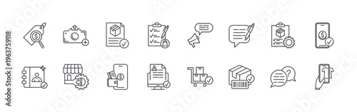set of 16 thin line online seller cycle icons including search price, contact center, upload photo, problem analysis, confirmation, payment method, product previews, register,