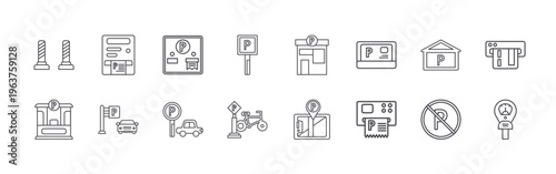 set of 16 thin line parking icons including parking barrier, parking lot, ticket hine, car parking, ticket hine, car parking, parking, bicycle parking, parking area. editable
