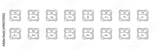 set of 16 thin line periodic table icons including niobium, europium, neon, radon, terbium, xenon, cesium, copernicium, boron. editable stroke vector illustration isolated on white