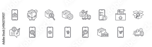 set of 16 thin line online shopping icons including email confirmed, payment info, package arrived, payment process, tracking delivery, payment method, order processing,
