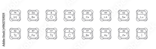 set of 16 thin line periodic table icons including tungsten, tellurium, barium, francium, oxygen, tennessine, oganesson, carbon, calcium. editable stroke vector illustration isolated on white