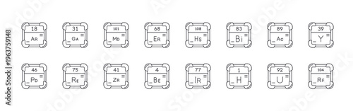 set of 16 thin line periodic table icons including argon, palladium, gallium, rhenium, mendelevium, zirconium, erbium, beryllium, hassium. editable stroke vector illustration isolated on white