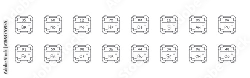 set of 16 thin line periodic table icons including bromine, protactinium, neodymium, praseodymium, magnesium, californium, hafnium, krypton, dubnium. editable stroke vector illustration isolated on