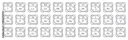 Set of 30 periodic table thin line vector icons including iodine, osmium, selenium, cerium, phosphorus, californium, lawrencium, chemical elements in outline style