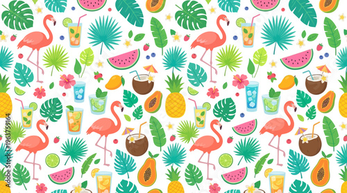 Colorful tropical flamingo pattern with pineapples and lush foliage for decorative design.