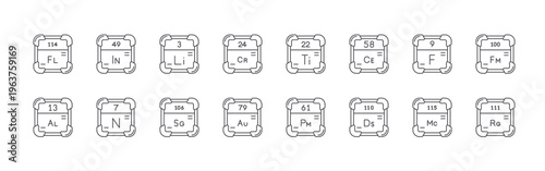 set of 16 thin line periodic table icons including flerovium, aluminum, indium, nitrogen, lithium, seaborgium, chromium, gold, titanium. editable stroke vector illustration isolated on white