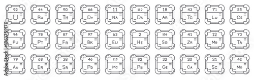 Set of 30 periodic table chemical element thin line vector icons including uranium, palladium, moscovium, dysprosium, seaborgium, magnesium, erbium in outline style