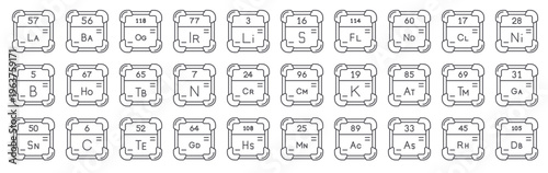 Set of 30 periodic table element thin line web icons including lanthanum, gadolinium, hassium, iridium, carbon, thulium, nitrogen, boron. Vector outline symbol collection