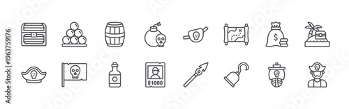 set of 16 thin line pirate icons including chest, pirate hat, cannon ball, flag, barrel, rum, bomb, wanted, eye patch. editable stroke vector illustration isolated on white