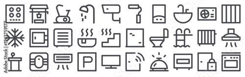 Set of 30 real estate amenities thin line icons including gas stove, parking, television, shower, toilet, radiator, restroom, CCTV, pool, gym, sauna, heater, air conditioning