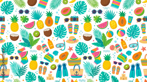 Bright tropical fruit and drink pattern featuring pineapple leaves and colorful summer refreshments.
