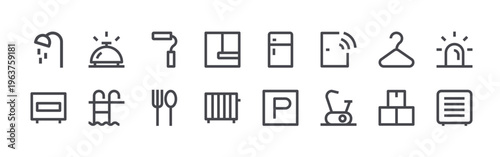 set of 16 thin line real estate amenities icons including shower, heater, lobby, pool, paint brush, kitchen, wallpaper, radiator, refrigrator. editable stroke vector illustration isolated on white