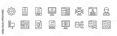 set of 16 thin line programming icons including coding management, logic, app development, web design, php, css, coding, html, front end. editable stroke vector illustration isolated on