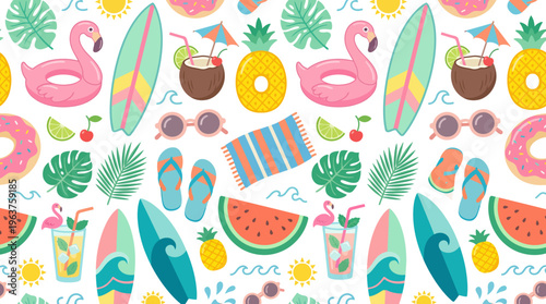 Bright Tropical Pattern with Flamingos, Surfboards, Fruits and Beach Accessories.