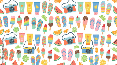 Vibrant Summer Beach Accessories Pattern Featuring Sunscreen, Sandals and Towels.