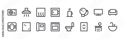 set of 16 thin line real estate amenities icons including air conditioning, restroom, hood, wall, floor heating, video doorbell, safe deposit, oven, coffeeshop. editable stroke vector