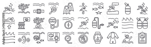 Set of 30 scuba diving thin line icons including regulator, mask, fins, oxygen tank, wetsuit, dive light, certificate, underwater navigation, coral reef, visibility, sea wave