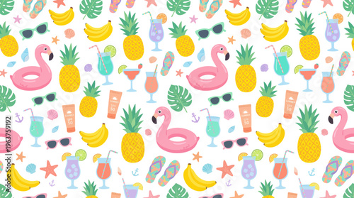 Bright tropical pattern featuring flamingos, pineapples, leaves and colorful fruits for textiles and design.