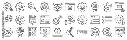Set of 30 setup and settings thin line web icons including system, control panel, configuration, optimization, user, delete, folder, network, update, alert
