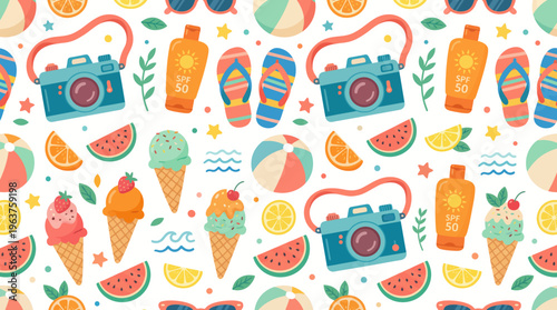 Vibrant summer vacation pattern featuring sunglasses camera icecream watermelon and tropical drinks for leisure design.
