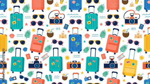 Colorful Travel Pattern Featuring Suitcases and Vacation Icons for Lively Destination Decor.
