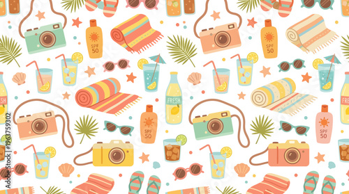 Colorful Food and Beverage Pattern Featuring Pastries, Croissants, Juices, and Tropical Treats for Creative Design Projects.