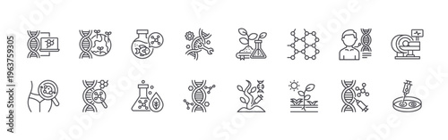 set of 16 thin line biology technology icons including computational biology, metabolism, environment, molecular, marine biology, bioremediation, genetic engineering, dna sequence, botany.