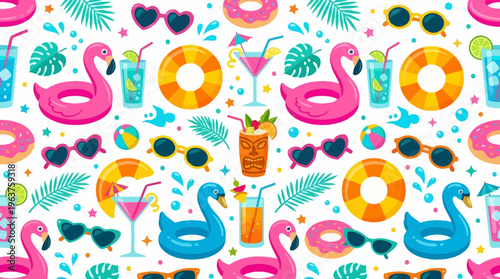 Playful Summer Pool Party Scene with Flamingos, Floats, Pineapples, and Sunglasses for a Bright Coastal Vibe.