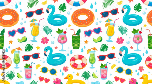Vibrant tropical summer pattern featuring flamingos, drinks, pineapples and tropical motifs.