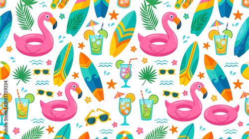 Bright tropical pattern featuring flamingos, surfboards, pineapples and summer accessories.