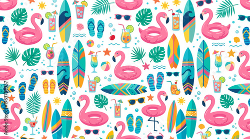 Vibrant tropical pattern with flamingos, pineapples, surfboards and lush foliage for fabrics and textiles.