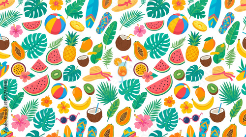 Vibrant tropical fruit and leaf seamless pattern featuring watermelons, mangoes, papayas, lush foliage and colorful botanical motifs.