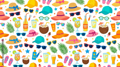 Vibrant Summer Beach Pattern Featuring Hats, Drinks and Tropical Accessories.