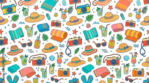 Colorful travel themed pattern featuring luggage, maps, and travel accessories.