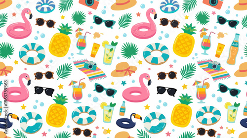 Tropical pattern featuring flamingos, pineapples, and lush foliage.