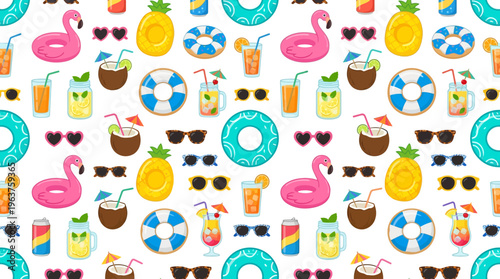 Vibrant tropical pattern featuring flamingos pineapples donuts and beach accessories for seamless design.
