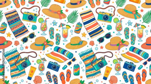 Vibrant Mexican Fiesta Themed Pattern Featuring Sombreros, Maracas, Guitars and Cacti.