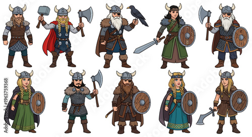 Vikings set of cartoon characters. Scandinavian men, women. Scandinavian mythologyy characters norway costume vikings warrior male and female 