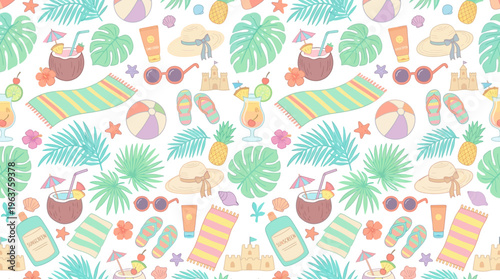Tropical Summer Pattern with Fruits and Beverages.