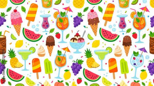 Vibrant Assorted Fruit and Drink Pattern with Colorful Summer Treats and Refreshing Visuals.