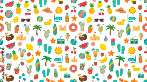 Colorful tropical summer pattern featuring fruits, drinks, palm trees and beach items for designers.