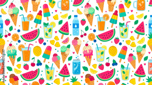 Vibrant tropical drinks with fresh fruit assortment in a colorful festive pattern.