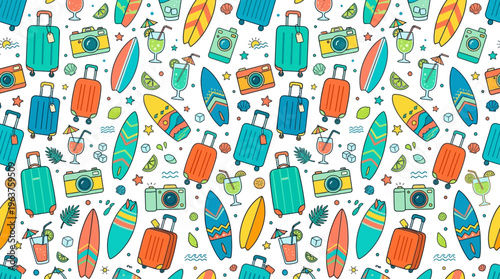 Colorful seamless travel pattern with luggage, bags and backpacks in playful illustration.