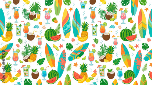 Vibrant tropical surfboard and fruit pattern featuring pineapples, coconuts, palms, and bright beach elements.