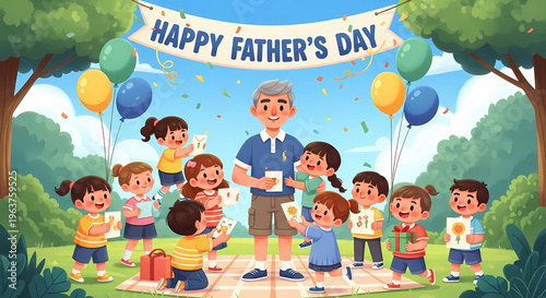 a group of children and a man standing in a park with balloons and a happy father's day banner outdo