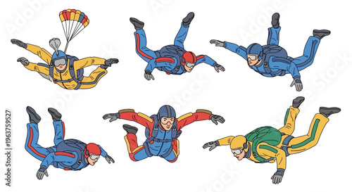 Flat vector set of professional skydivers isolated