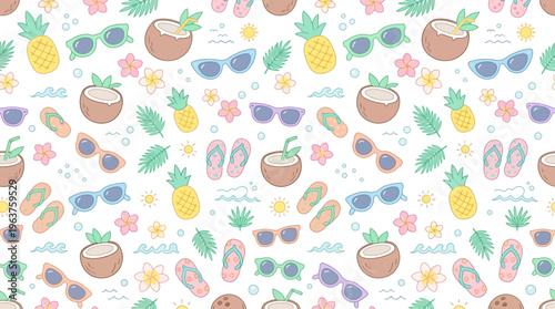 Vibrant tropical fruit pattern featuring pineapples coconuts and lush leaves.